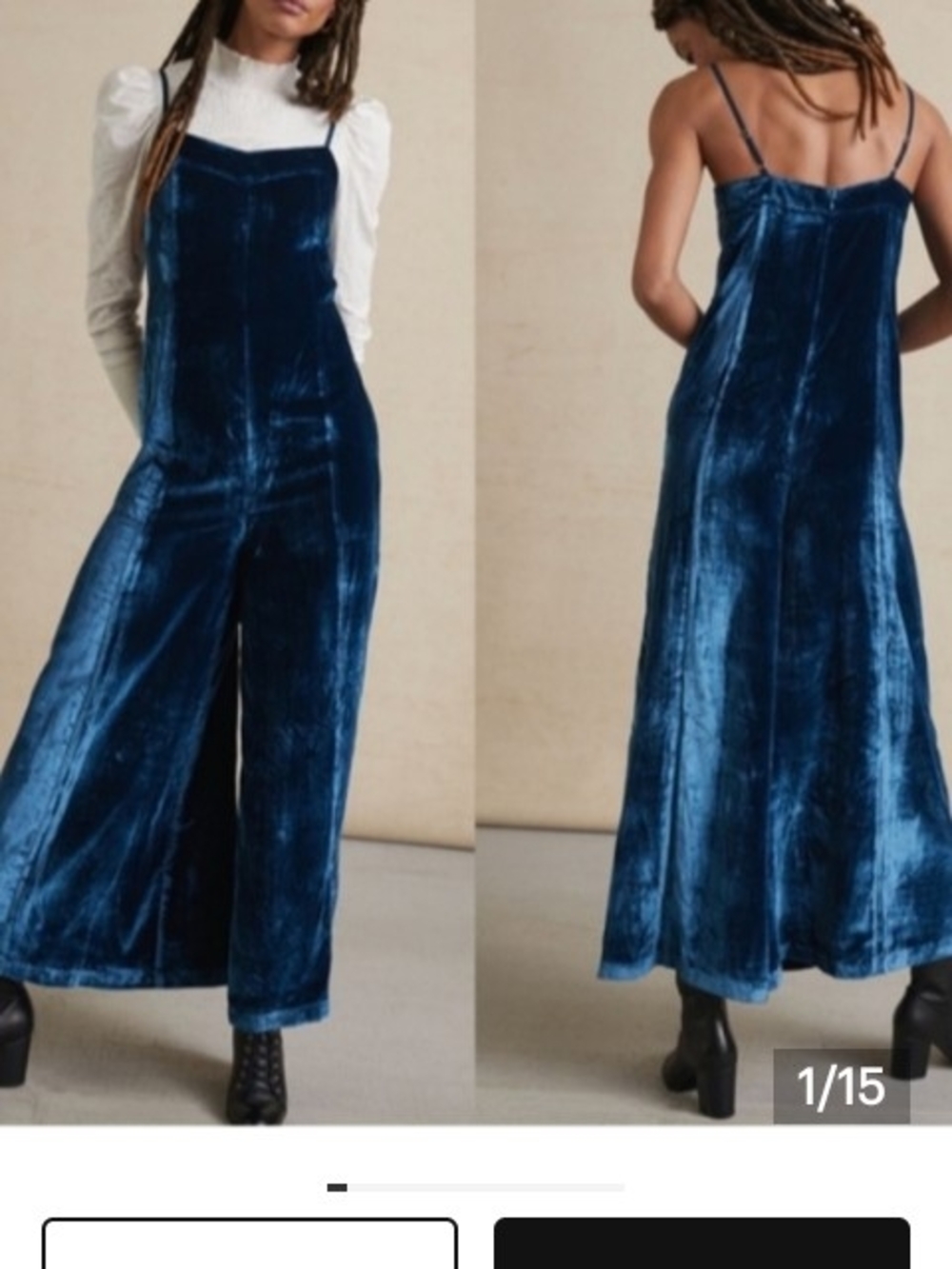 Anthropologie Velvet Wide-Leg Cropped Jumpsuit in Deep Blue